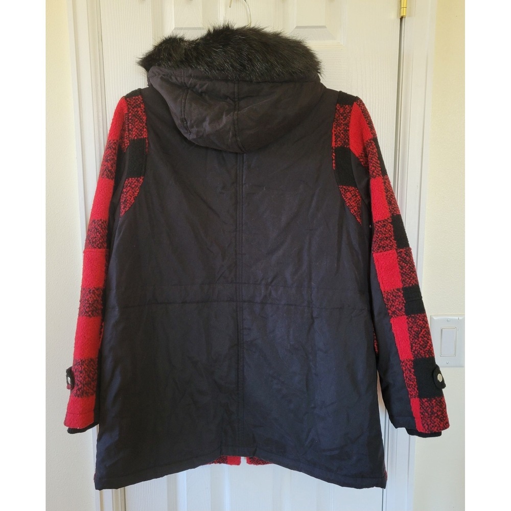 APT.9 Coat Size XL Red Black Plaid Winter Heavy Hooded Faux Fur Trim Mid‎ Length - Picture 11 of 13